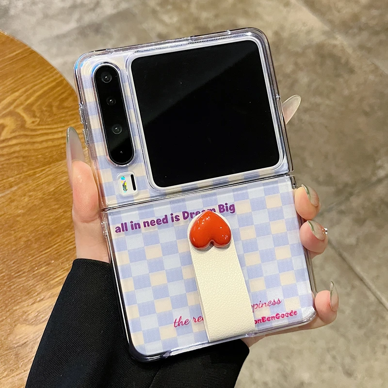 适用华为puraX阔折叠屏手机壳novaFlip韩系简约爱心格纹P50Pocket