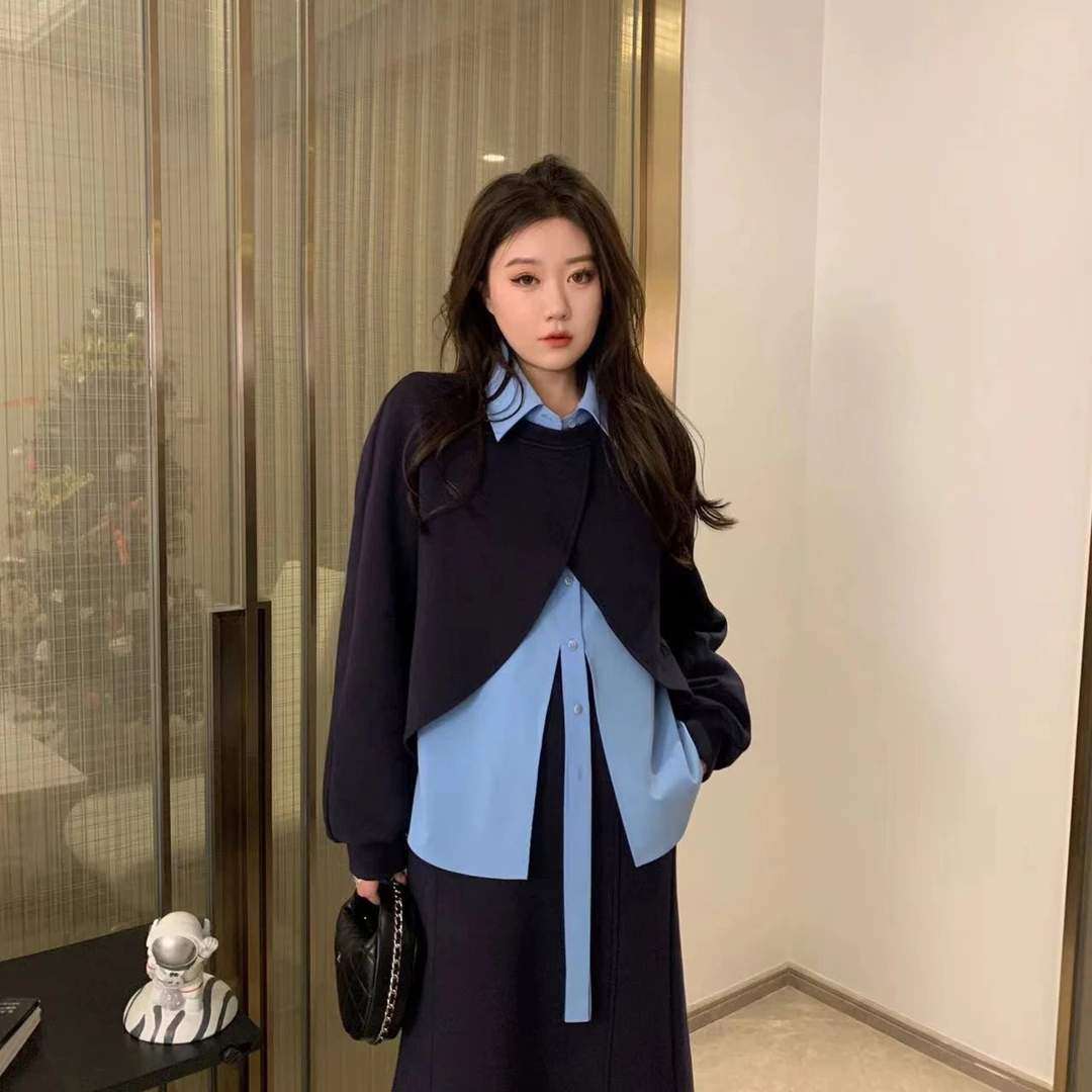 【琪琪推荐】大码女装早春新款减龄套装卫衣+衬衫+半身裙T2644QL