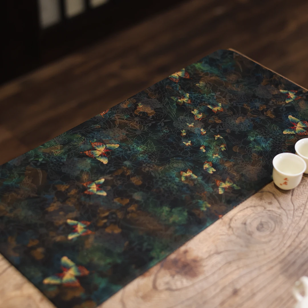 【非遗甄选】<庄周梦蝶>绿色香云纱茶席50*24茶道配件（慢蓝S0700）