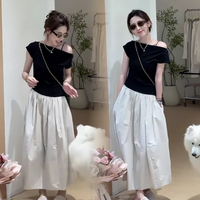 韩版气质纯欲露肩短袖连衣裙2025夏季新款设计感小众显瘦裙子女装