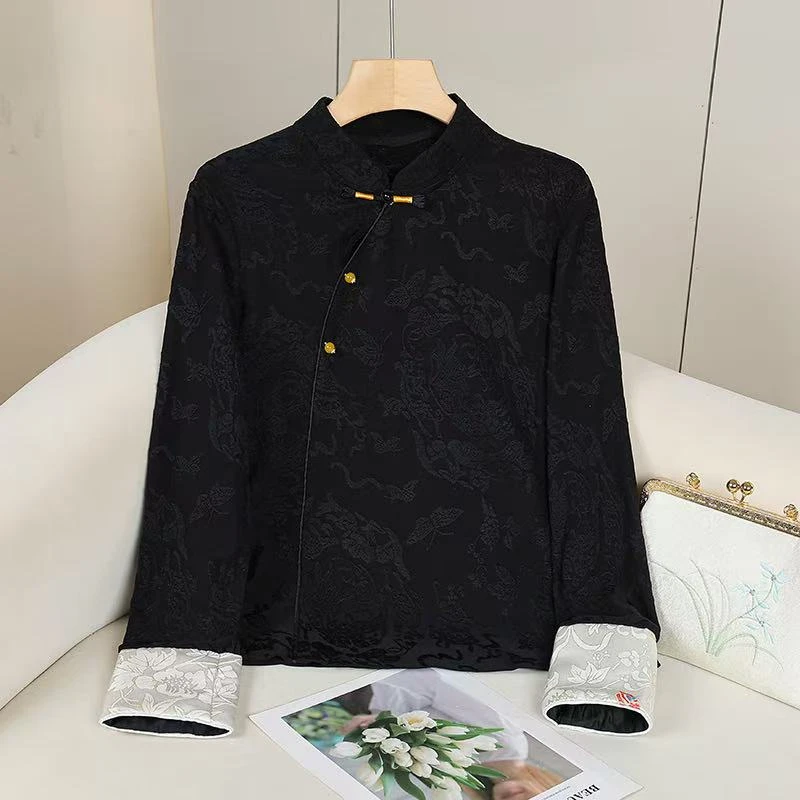 （青蝶）打底衬衫女秋冬新款国风百搭黑色拼接时尚内衣秋冬黑色系