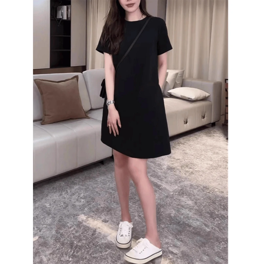 2025夏季新款宽松圆领短袖T恤裙子大码女装微胖mm遮肉显瘦连衣裙