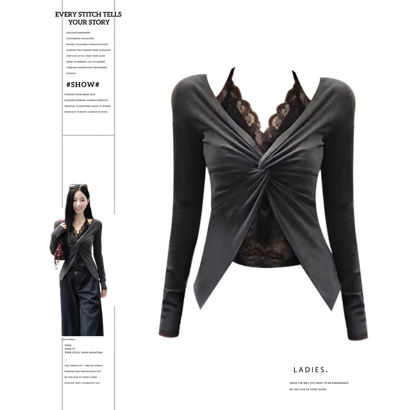 大码胖MM法式纯欲V领假两件蕾丝挂脖长袖T恤女秋新款修身显瘦上衣