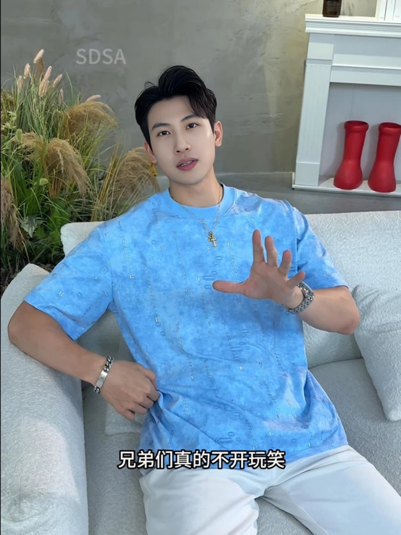 T3924高级感新款男士美式扎染虚线字母印花短袖T恤时尚圆领上衣