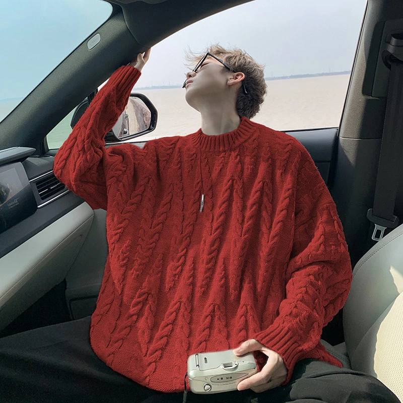 酒红色麻花毛衣男秋冬季美式潮牌慵懒风外套特大码情侣休闲针织衫