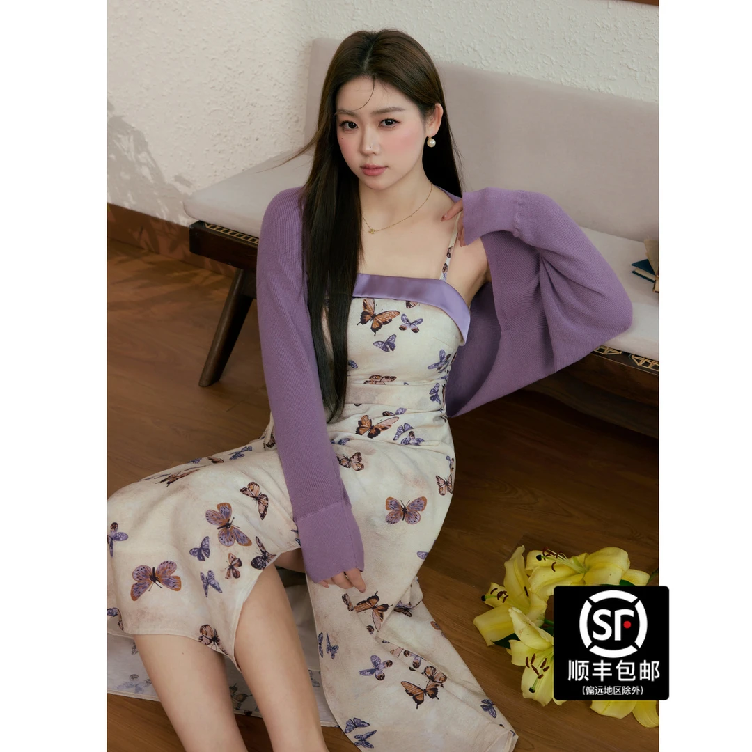 蓝语大码女装法式优雅蝴蝶吊带连衣裙开衫外搭开秋穿搭套装00791