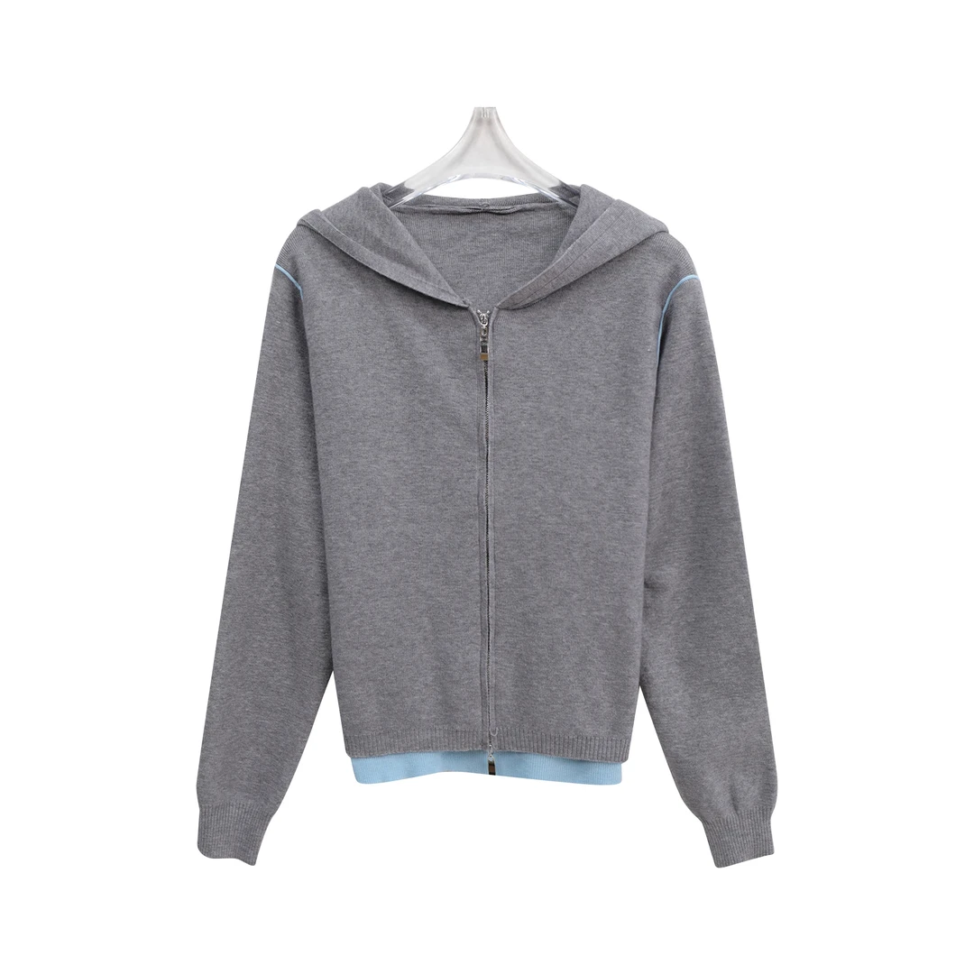 S连帽假两件宽松撞色明线装饰针织衫C11064