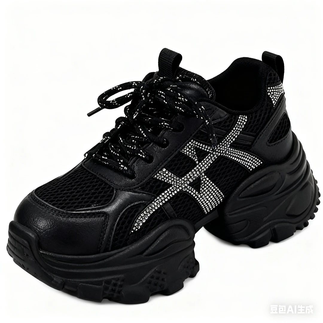 显脚小老爹鞋百搭鞋子时尚老爹鞋网面透气753710有加大码黑色厚底
