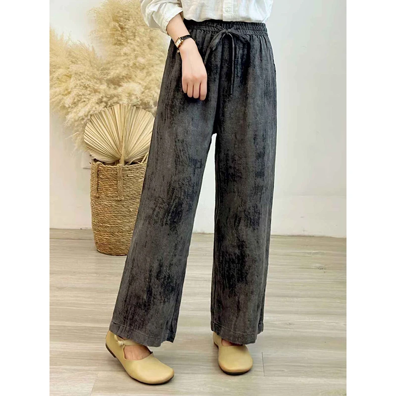 复古炒色麻料内里包边松紧腰系带休闲裤女新款文艺宽松百搭直筒裤