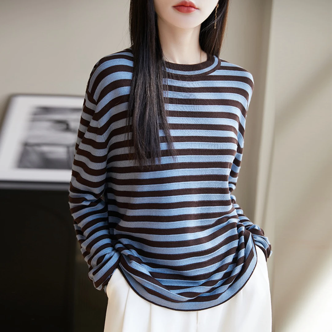 不缩水不起球精纺羊毛薄款针织衫女圆领套头条纹衫春秋打底衫