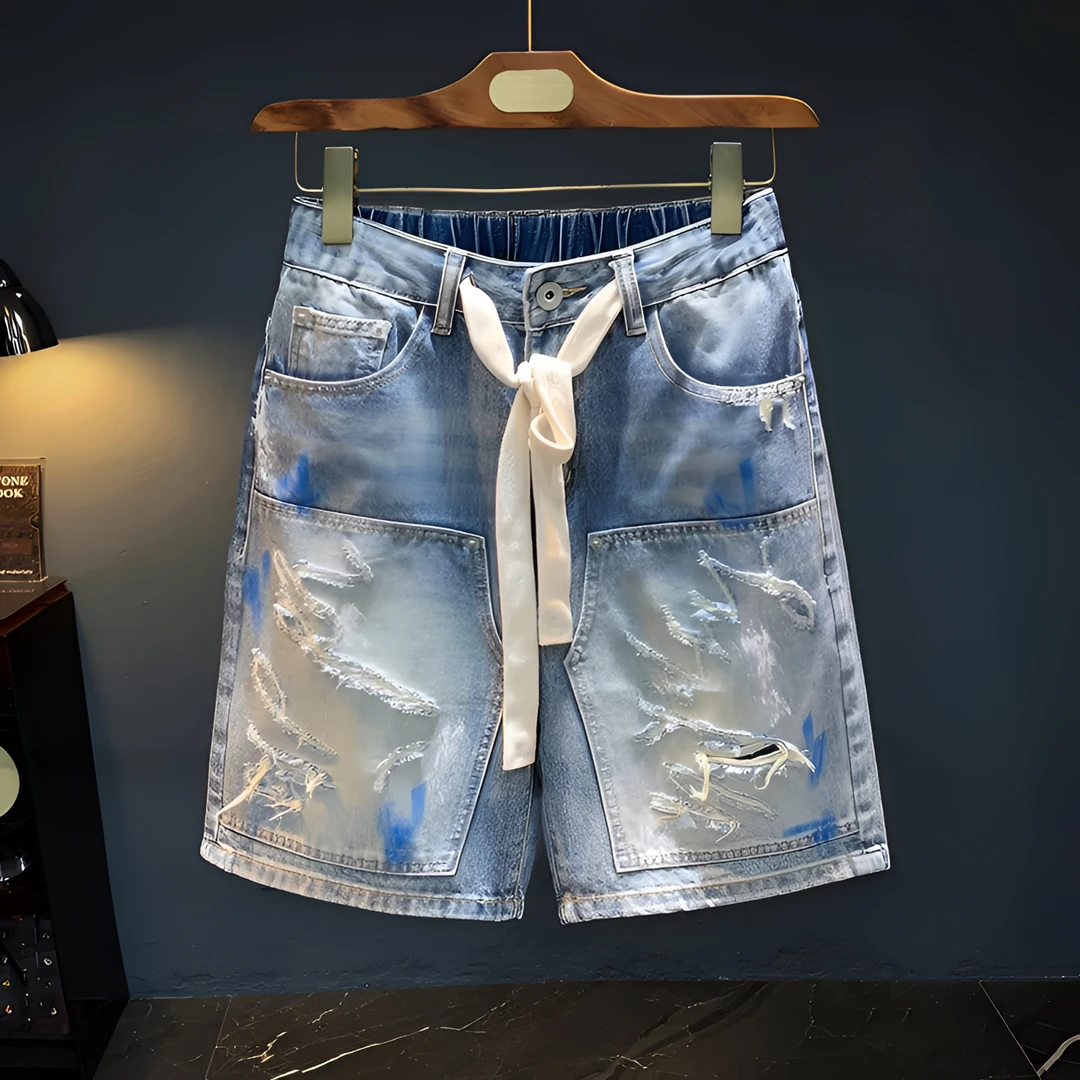 Cebrodz夏季新款短裤男复古破洞五分牛仔裤潮流水洗做旧刮烂中裤