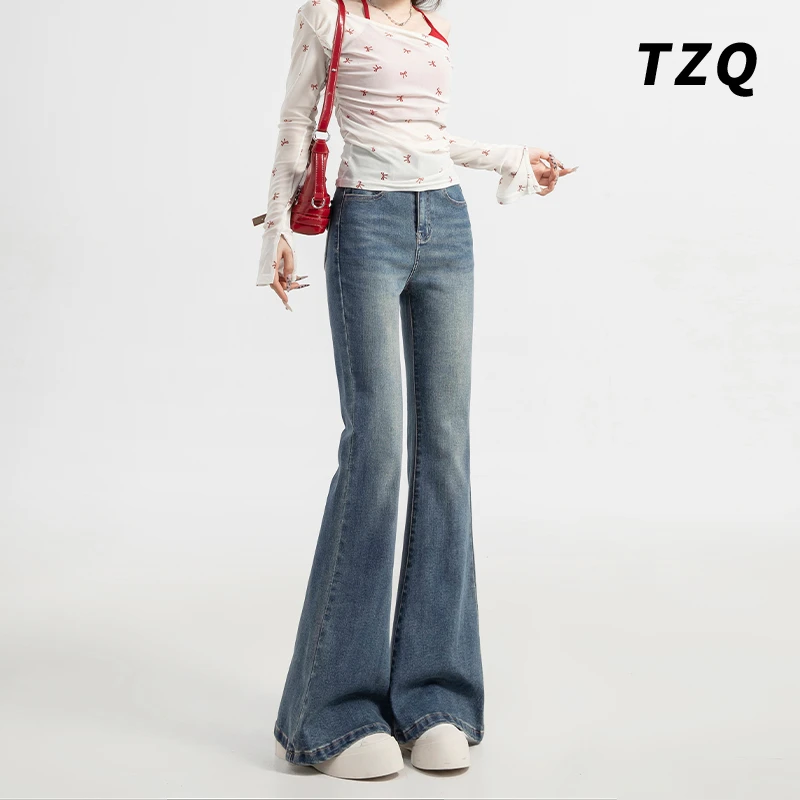 美式复古蓝微喇牛仔裤女2025春秋高腰显瘦拖地裤设计感喇叭裤子