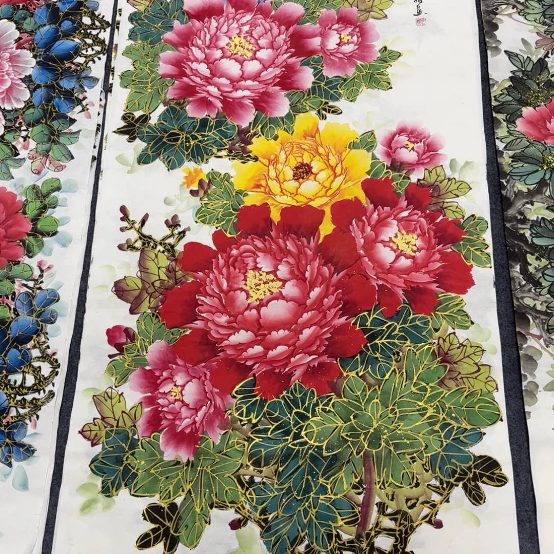 国画140×70千层金线牡丹花画画画画