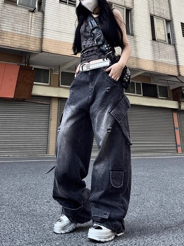 大码美式高街嘻哈重工hiphop多口袋牛仔裤女街头直筒工装阔腿裤潮