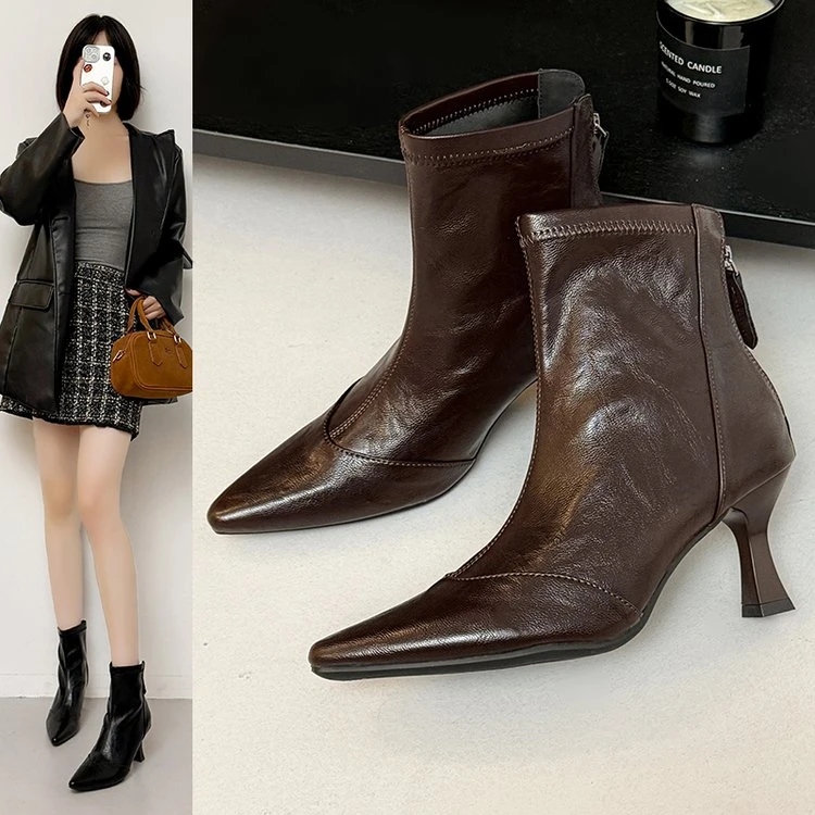 SWL699-71冬季尖头百搭女靴细跟法式高跟
