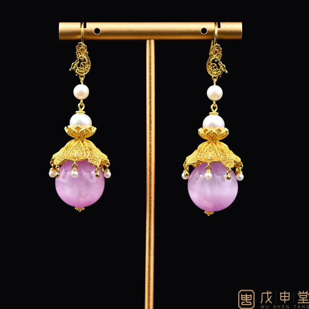 戊申堂银鎏金花丝紫锂辉耳饰 国风珠宝
