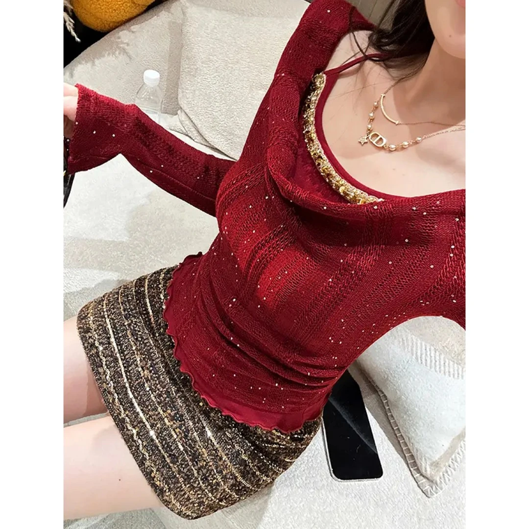 千金风气质荡领修身显瘦假两件拼接设计感长袖套头小个子上衣