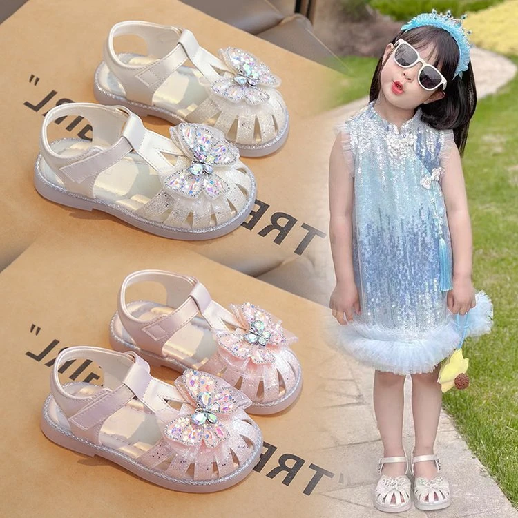 女童鞋子儿童凉鞋2025新款夏季小女孩软底单鞋水钻蝴蝶包头公主鞋