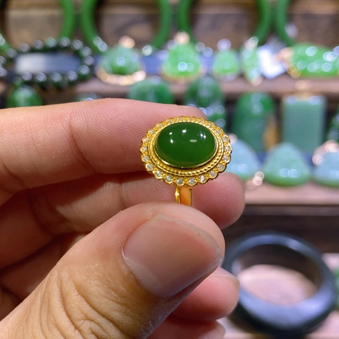 【闪购商品】和田玉银S925镶嵌吊坠(不含链)菠菜绿蛋面戒指 10×8