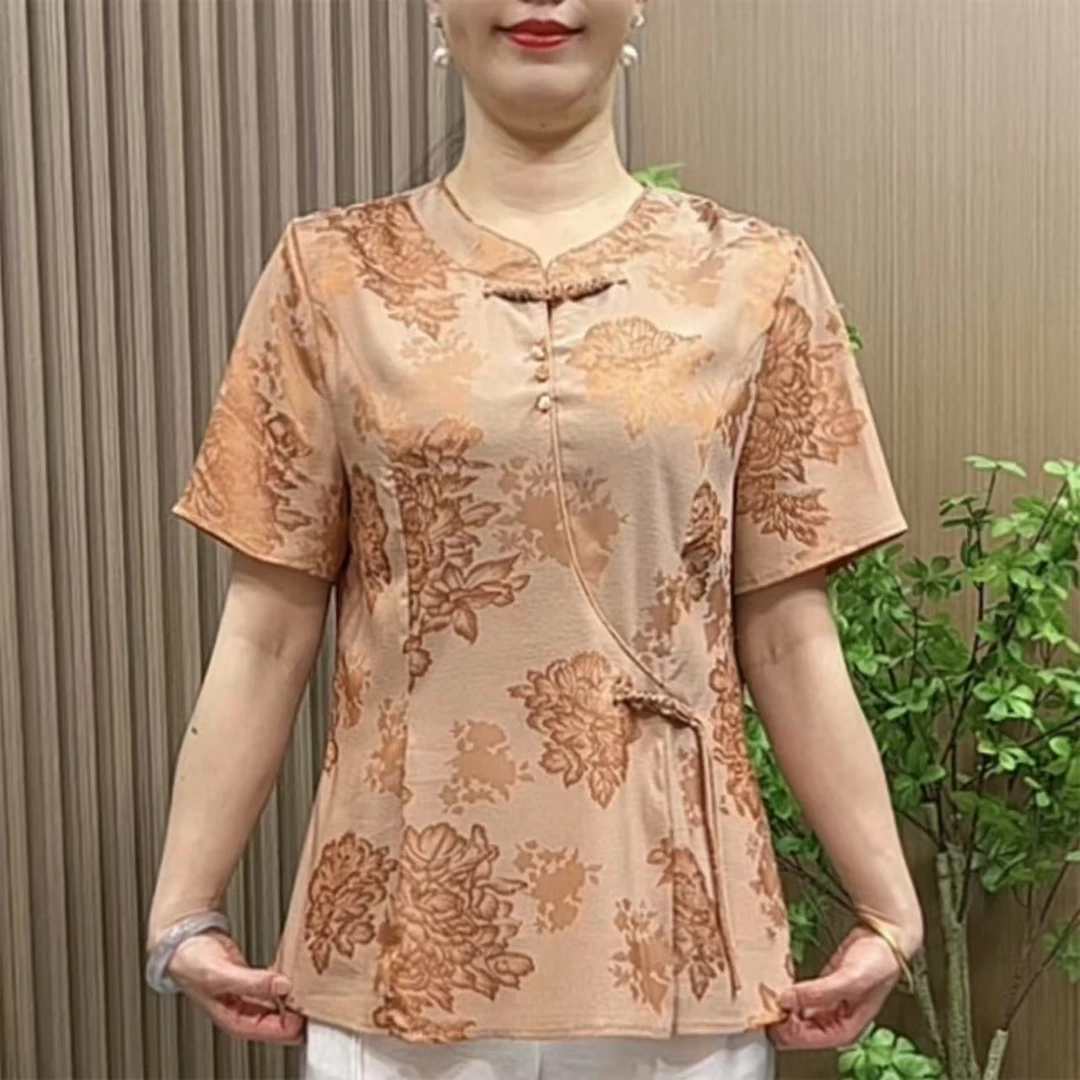 8597妈妈装夏装新中式小衫2025新款中老年女装优雅圆领盘扣上衣