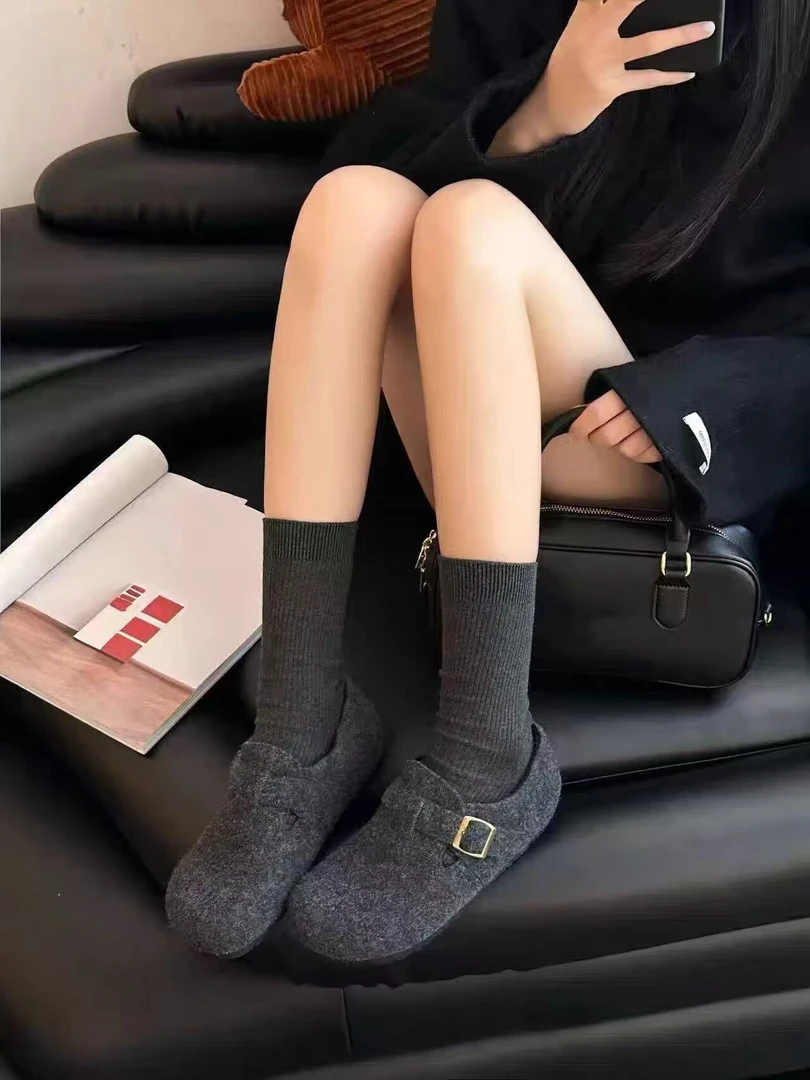 [退换货运费补贴}毛呢勃肯加绒鞋格雷系泡芙懒人一脚蹬女鞋~朱朱2