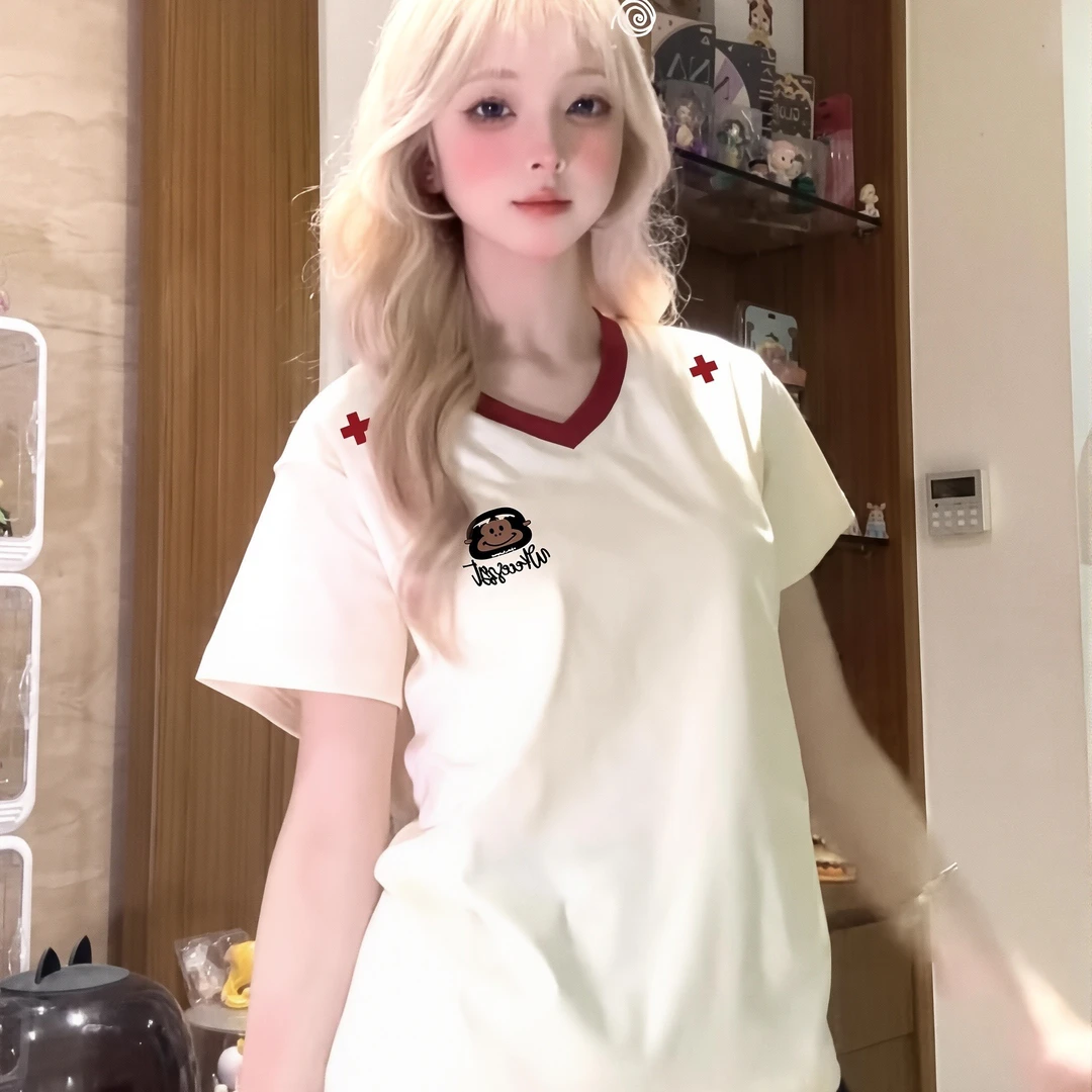 夏季新款撞色v领刺绣短袖t恤女美式复古宽松正肩慵懒风半袖上衣潮