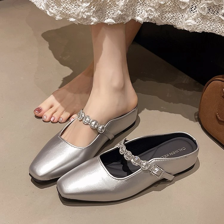 时尚银色内增高包头半拖鞋女外穿2025春夏新款玛丽珍穆勒平底单鞋