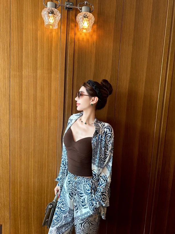 【粥粥高级定制】瓷绘江南新中式定位复古印花薄款长袖套装