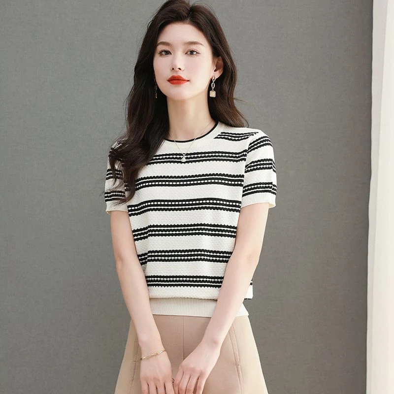 2025夏季新款条纹针织衫短袖小香风设计圆领时尚上衣T恤女薄款潮