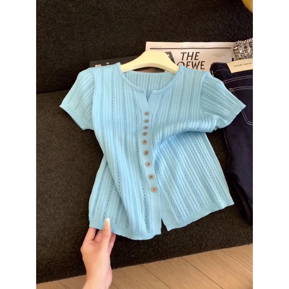 镂空修身圆领正肩短袖针织开衫2025夏季新款时尚百搭洋气气质女装