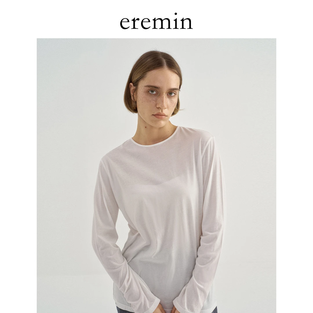 DE Mincollection面膜T/长绒棉纯色圆领松弛感圆领长袖T恤55583