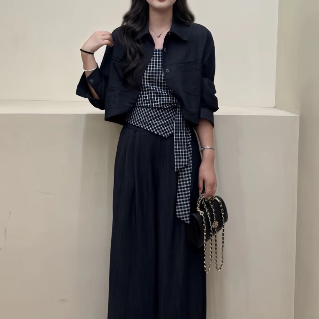 2025早秋新款三件套复古短款外套内搭格子背心高腰阔腿裤减龄