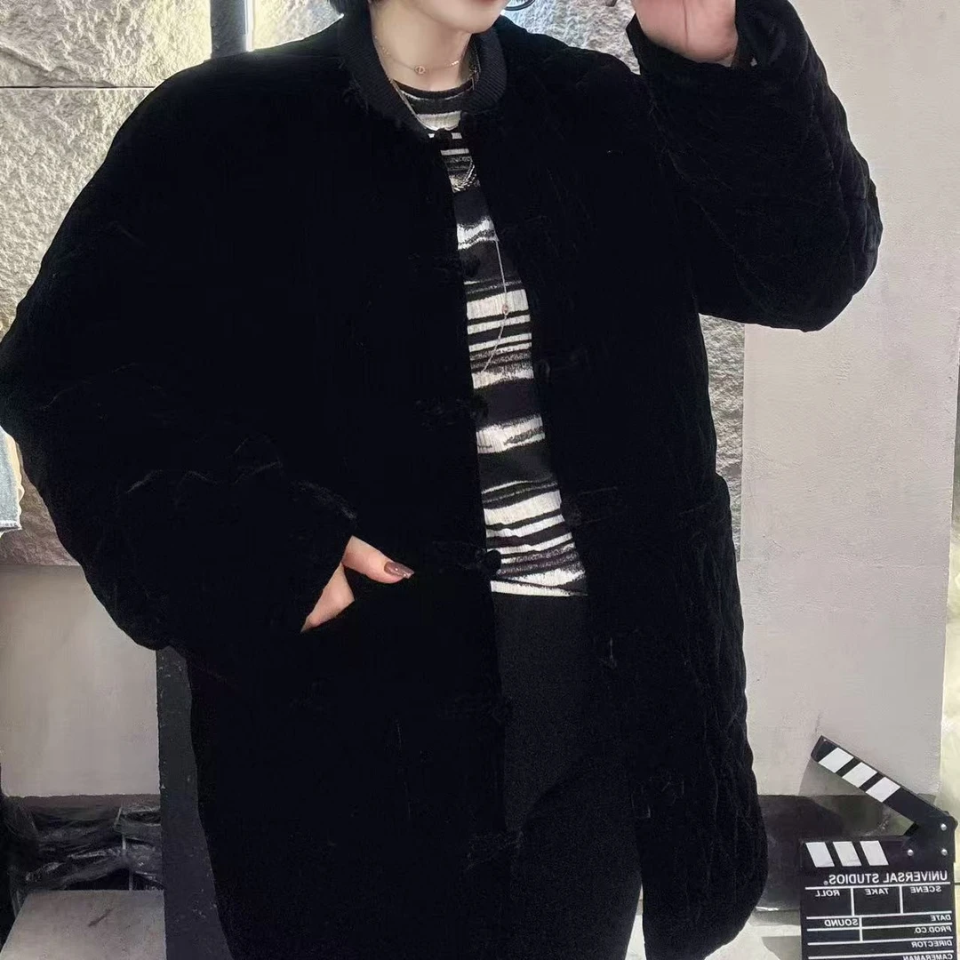 新中式黑色丝绒圆领棉服