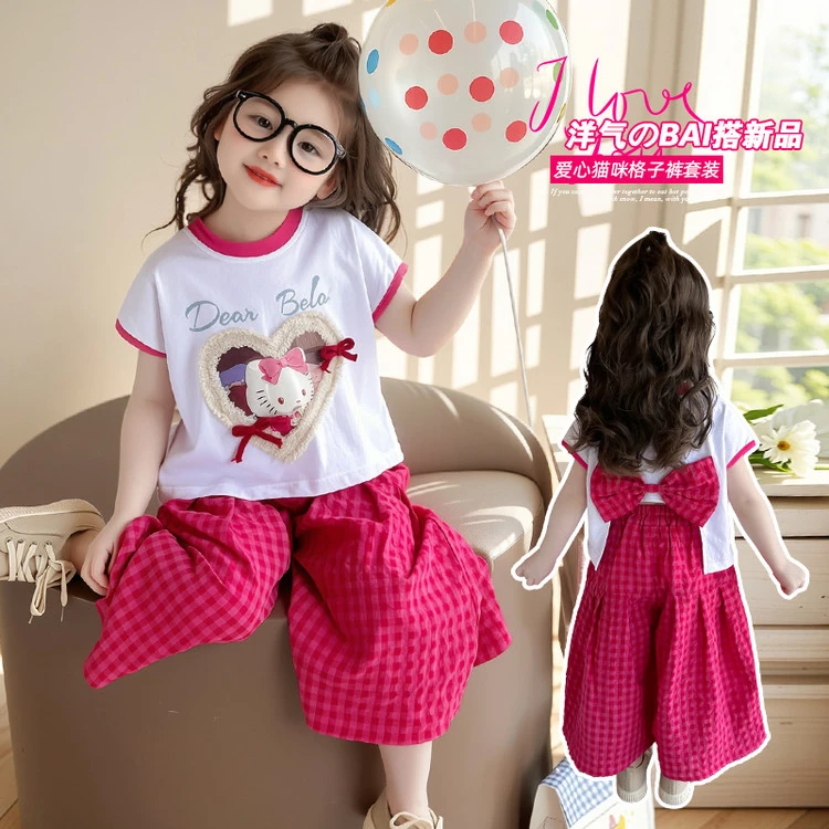女套短袖2025套装夏季新款宝宝儿童洋气时髦格子裤女童两件套潮流