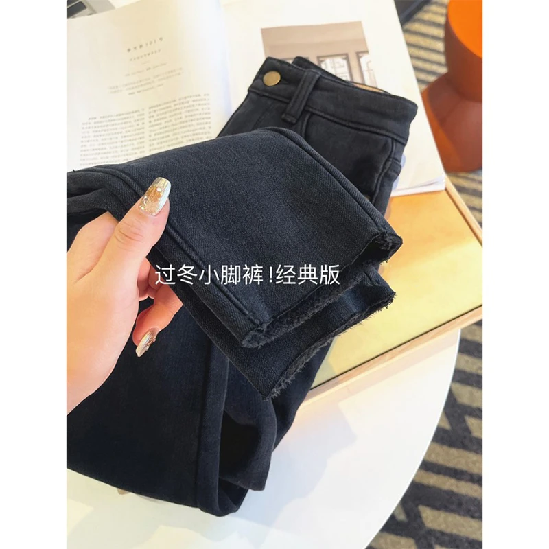 大码冬季黑灰色九分加绒铅笔裤女梨形身材高腰显瘦修身百搭小脚裤