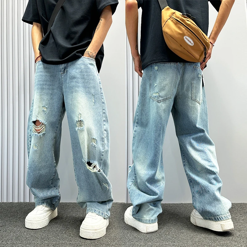 美式高街水洗破洞弯刀牛仔裤男夏薄款宽松直筒裤痞帅潮牌阔腿裤子