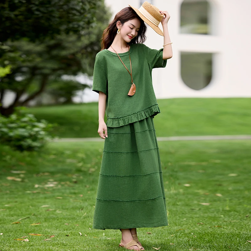 2025年夏季新款假日松弛宽松圆领叠层半裙套装中国套头两件套短袖