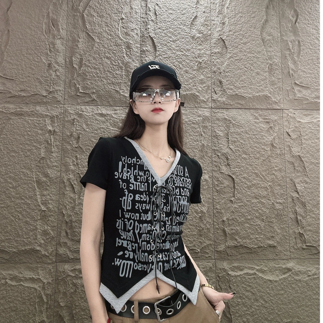DL8819 2025夏季新款小众设计感假两件美式辣妹短袖上衣T恤女洋气