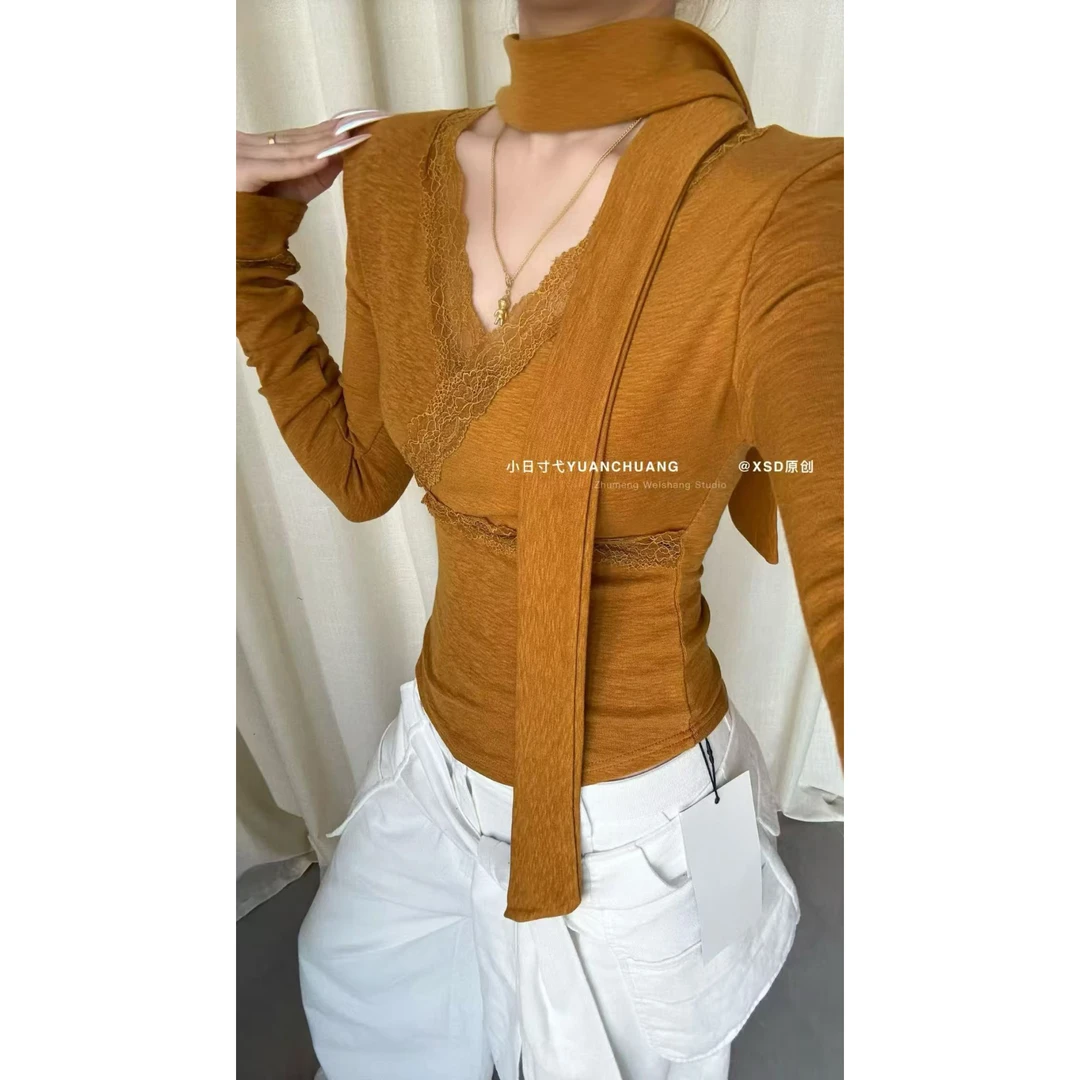 2025秋冬磨毛绒新款韩版系带交叉V领修身显瘦垫肩打底衫女上衣潮