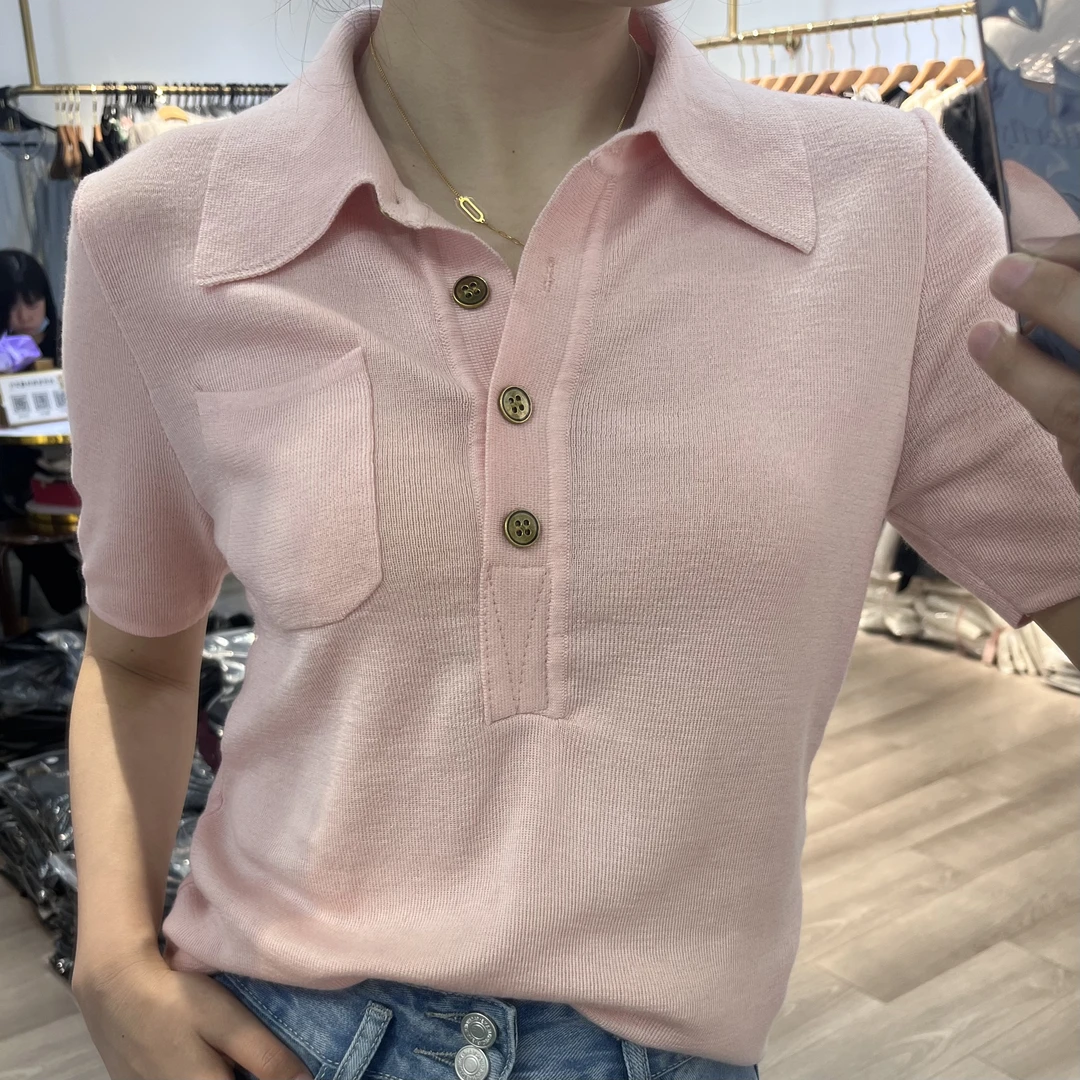 NDD春夏新款白百何同款套头百搭显瘦短袖针织衫洋气POLO领上衣女