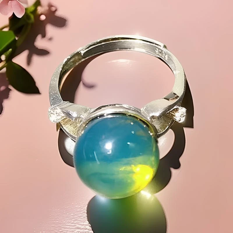 【云飞珠宝】天然墨西哥蓝珀净水圆珠戒指手工气质公主轻奢时尚