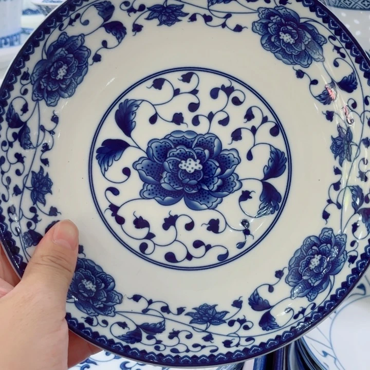 青花玲珑8寸窝盘芙蓉花