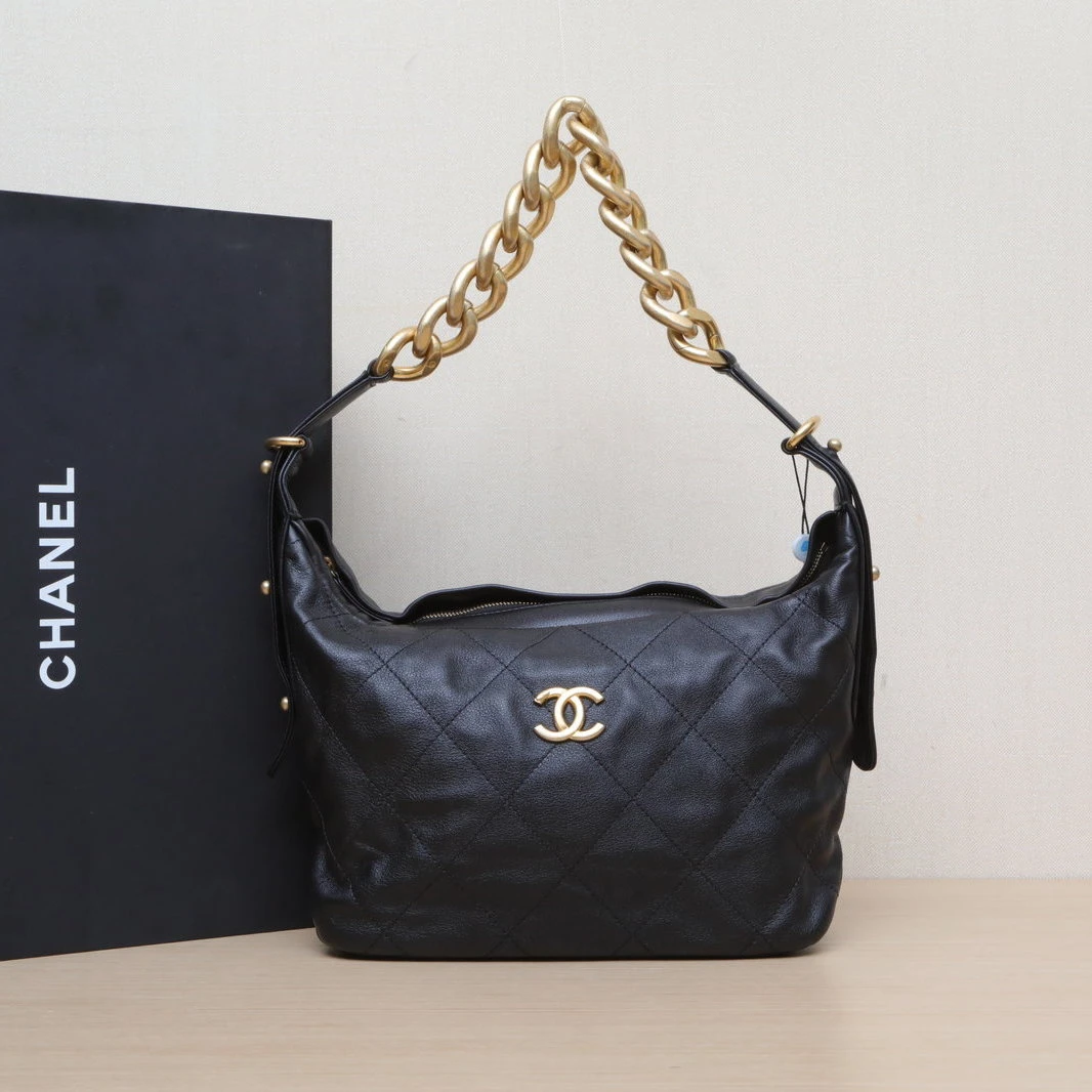99新 Chanel/香奈儿 【念念】22S 粗链条Hobo嬉皮包 中号 黑色