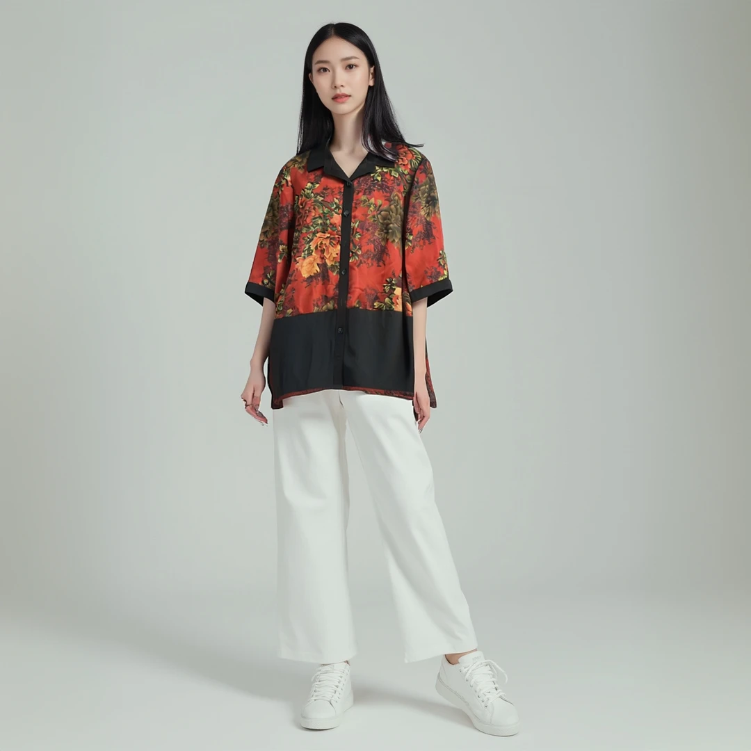 【天香牡丹】夏季薄款中老年妈妈装上衣女款时尚印花长款气质