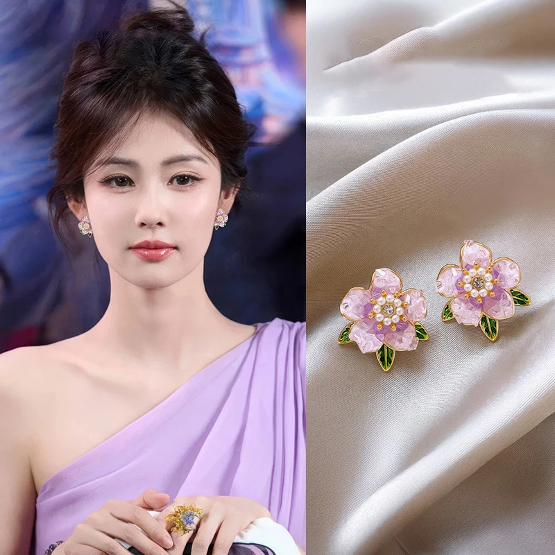 黄铜锆石耳饰 18K真金电镀银针滴油山茶花耳钉法式清新甜美温柔