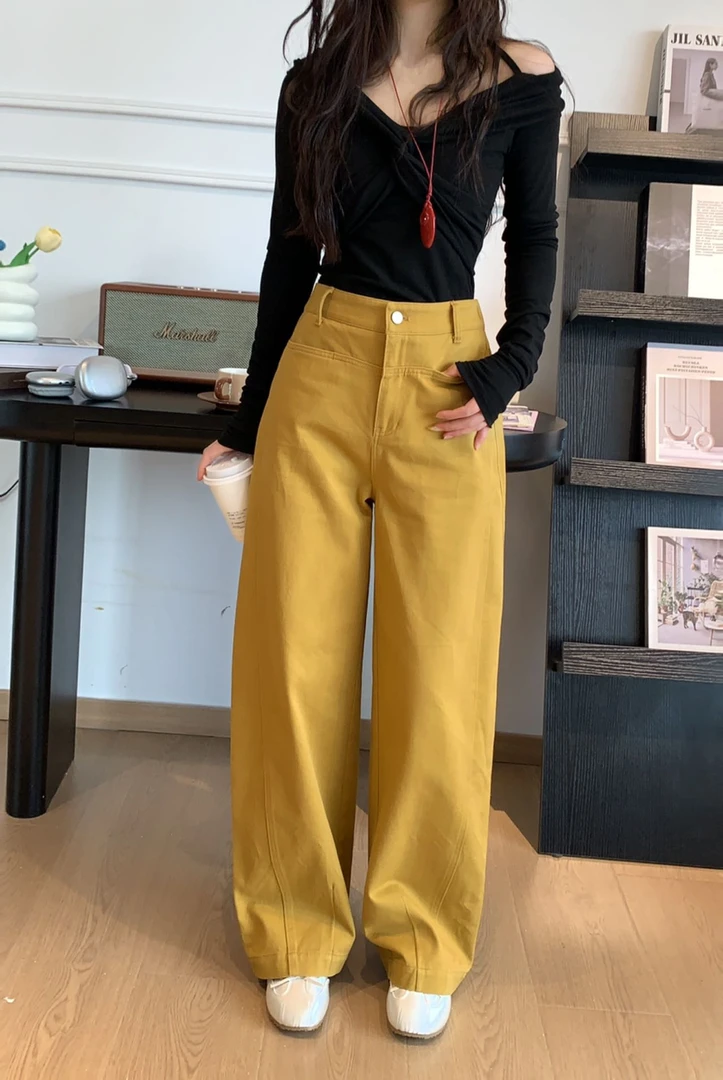 5332黄色百搭复古显瘦直筒裤休闲裤阔腿裤春秋高腰秋季宽松