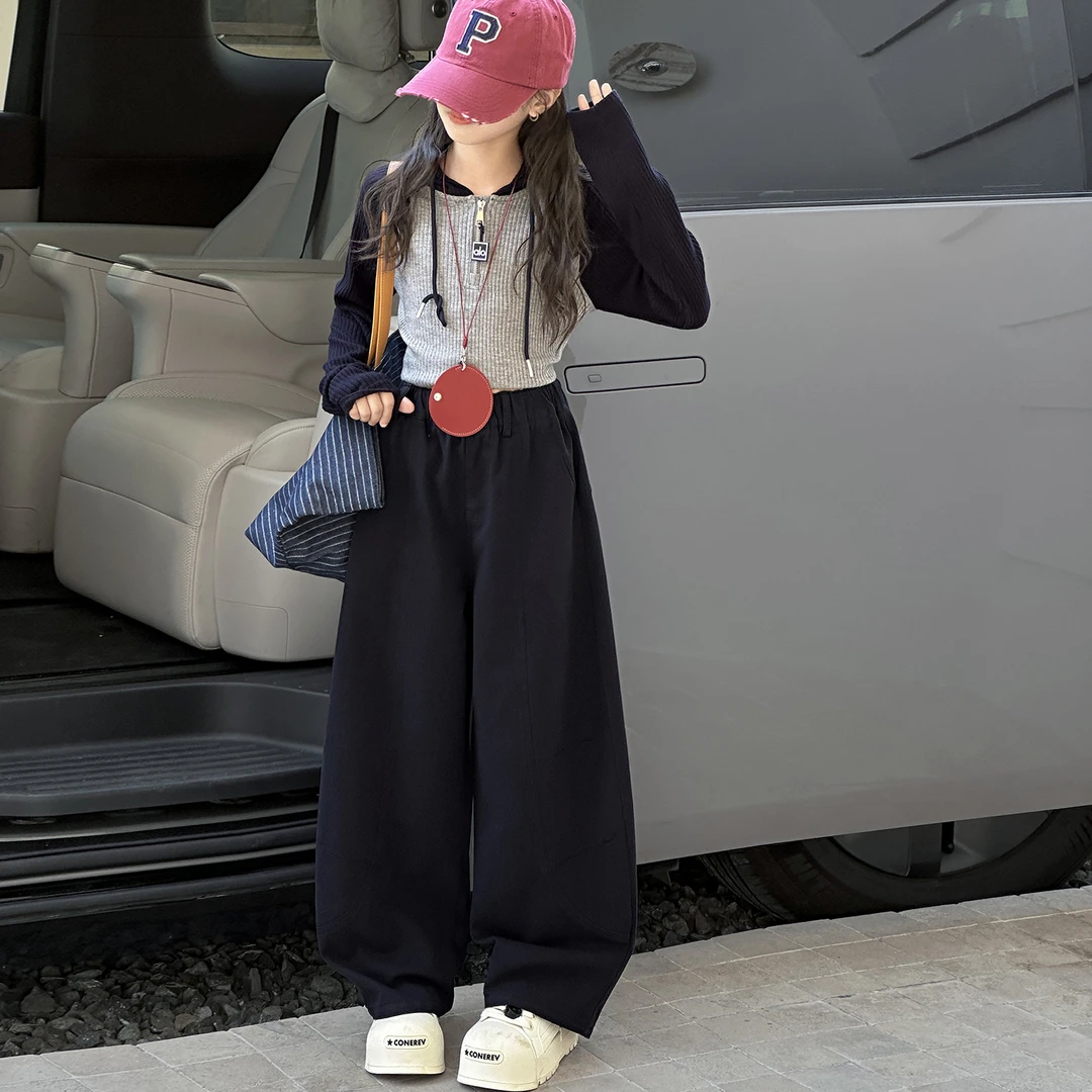 女童春秋款拼接休闲裤2025新款女大童秋季韩版百搭宽松纯棉弯刀裤