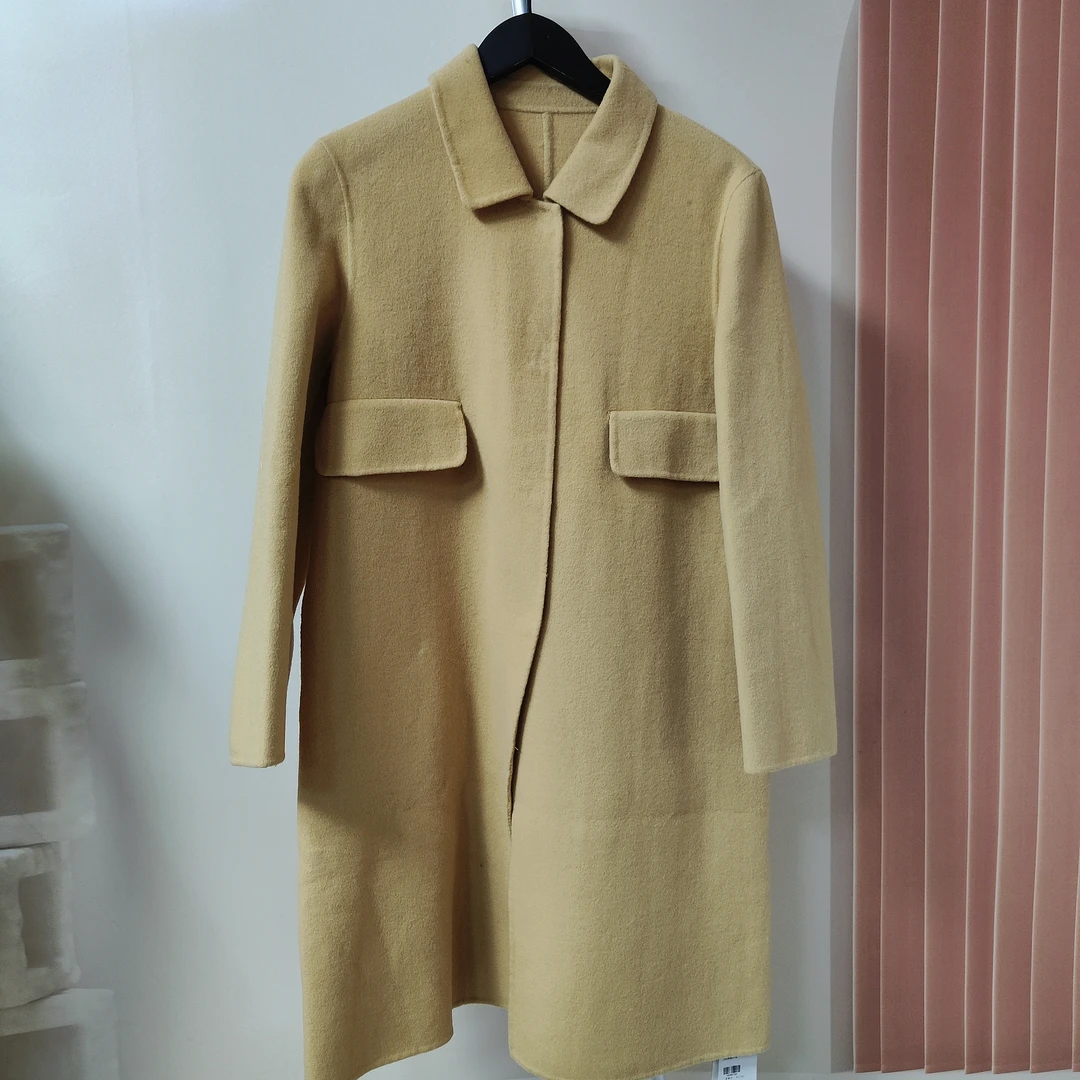 24119新款时尚宽松翻领单排暗扣百搭中长款双面毛呢大衣