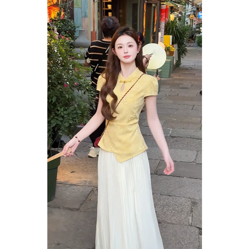2025夏季新款女新中式立领盘扣修身短袖上衣设计感高腰显瘦半身裙