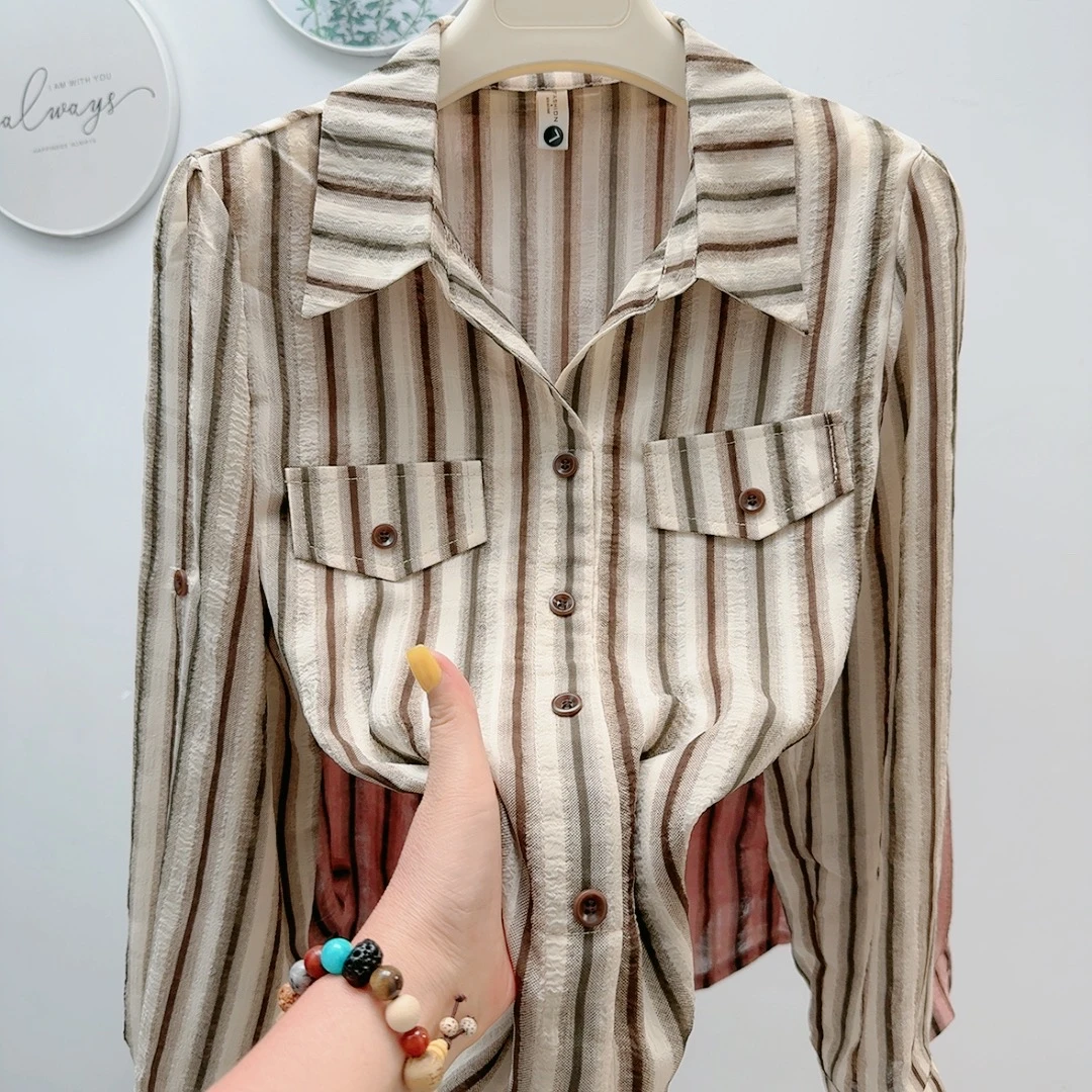宽松条纹衬衫秋季新款百搭气质休闲衬衣显瘦遮肉外穿上衣两用袖衫